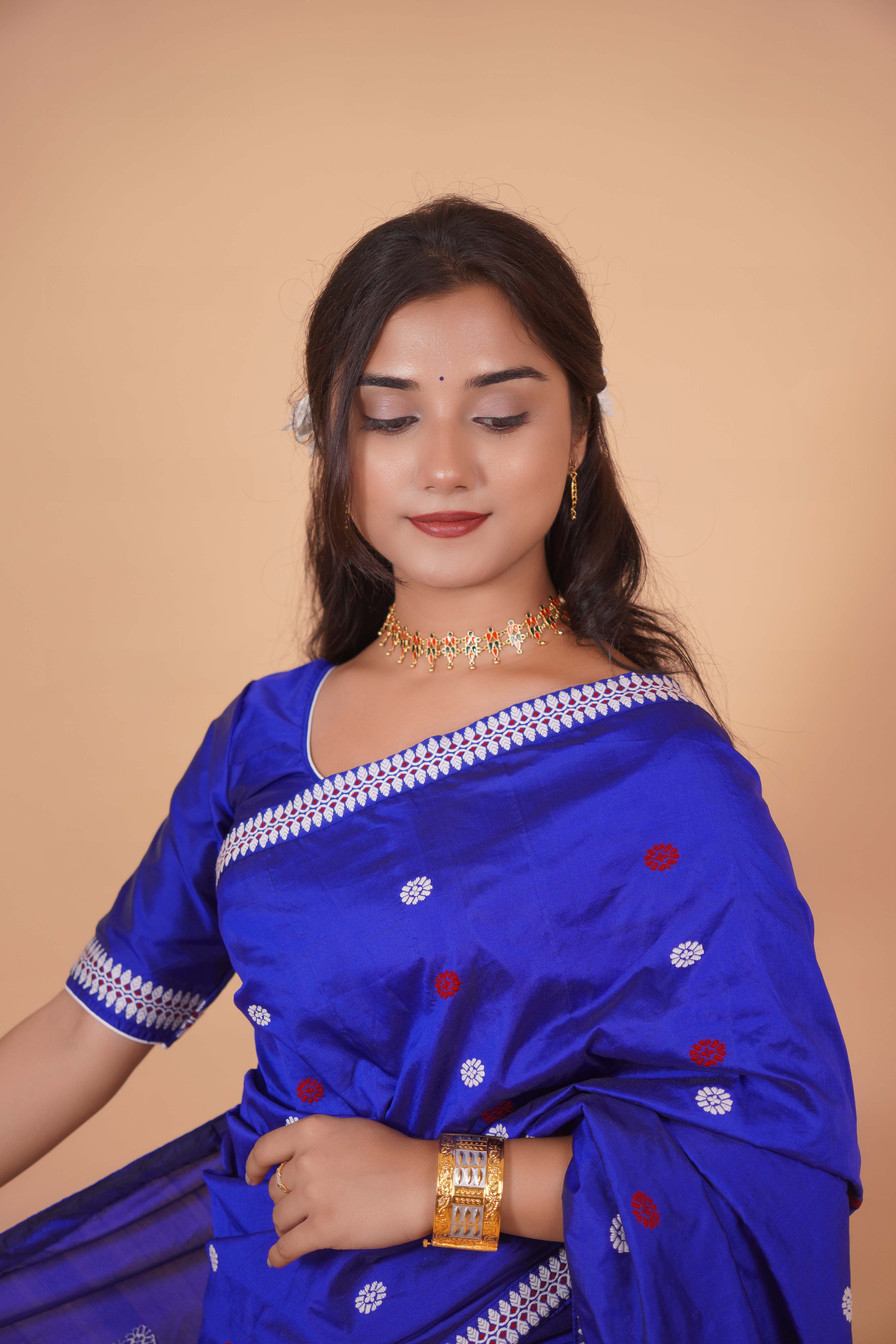 Assam Handmade Royal Blue Pat Silk Mekhela Chador